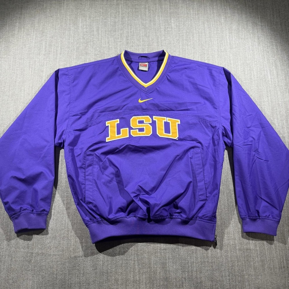 LSU Tigers Jacket Mens Small Purple Football Nike V Neck Pullover Center Swoosh